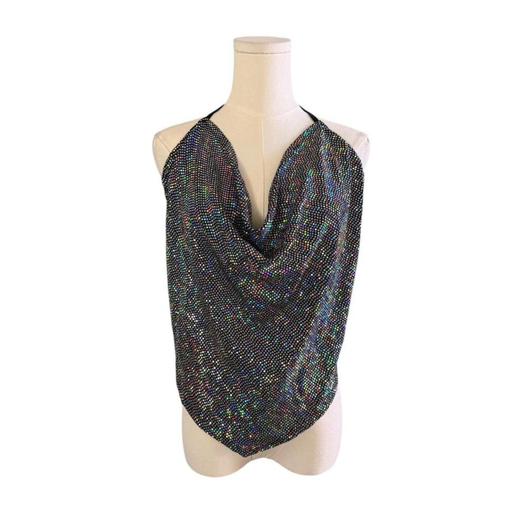 Zenobia Holographic Sequin Halter Top Backless Cowl Neck Plus Size 1XL/XL